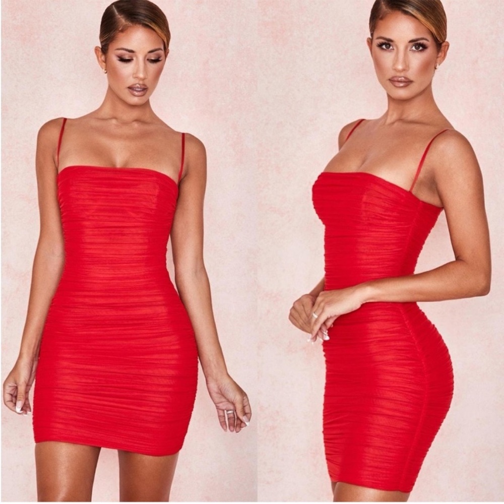 House of CB Ella Dress, Red - Ruched Bodycon Mini Dress